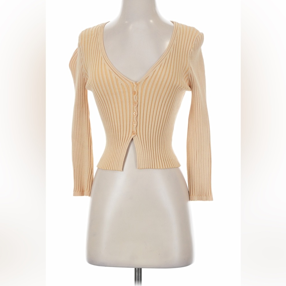 Amuse society yellow/taupe knit ribbed cardigan